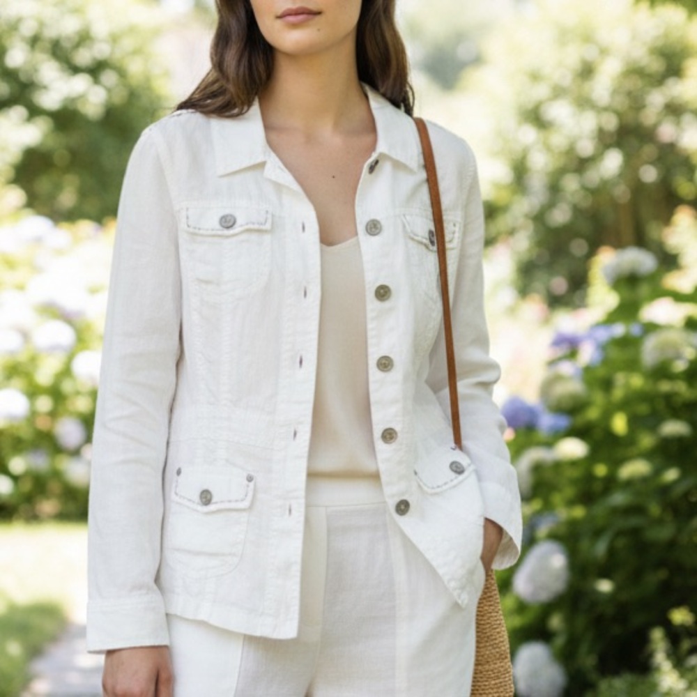Tom Tailor Women White Linen 100% Jacket With Pockets Size 36 (M)
